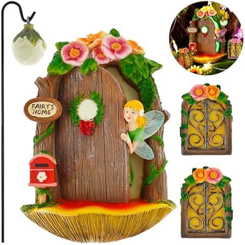 ZJMCAJY Resin Fairy Door Cabin Set, Garden Fairy Door Miniature with Glitter Lamp Glowing Fairies Sleeping Glow in Dark Window and Door for Tree Yard Outdoor (Colorful) Cover