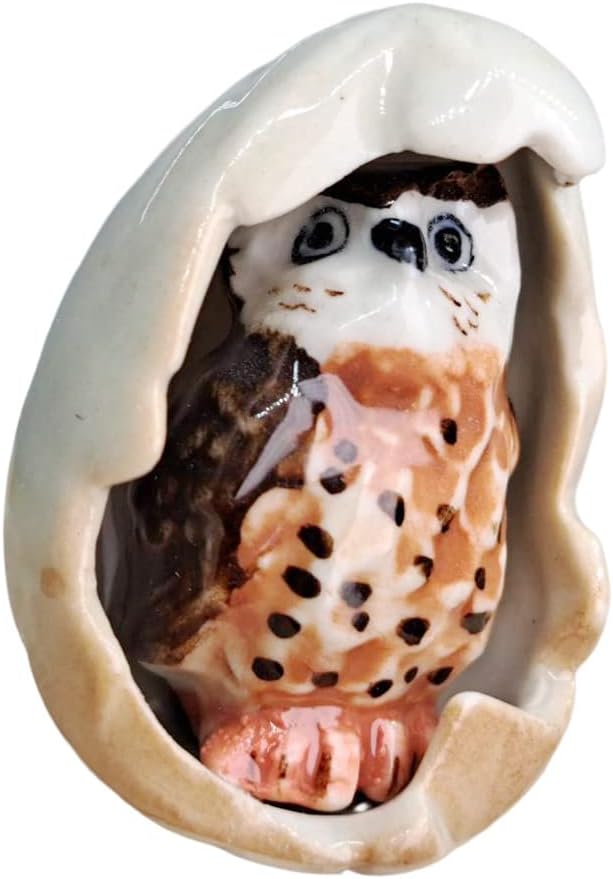 WitnyStore Tiny 1¼" High Brown Owl in Upright Egg Shell Figurine - Miniature Hand Made Painted Ceramic Owls Owlet Nocturnal Birds Cute Porcelain Animal Small Decorative Collectible Figure Décor Gifts
