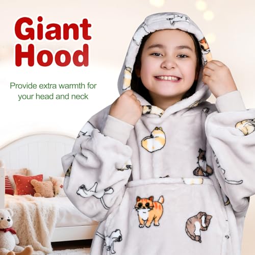 Image of Waitu Wearable Blanket for Kids, Wearable Blanket Hoodie Gifts for Teens Girls and Boys, Warm Blanket Sweatshirt for Teenage, Thick Flannel Hoodie Blanket with Sleeves - Cat Gray
