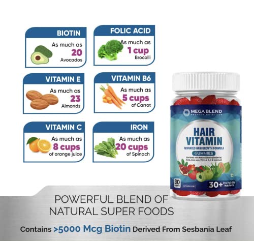 Image of Hair Vitamin Gummy | 60 Count | Advanced Hair Growth Formula With 30+ Pro Hair Bionutrients with Natural Biotin (Sesbania), Alovera and Turmeric Extracts