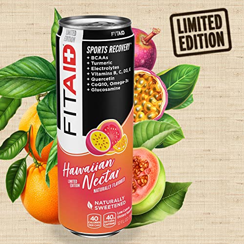 FITAID Post Workout Recovery Drink, Hawaiian Nectar, Passion Fruit, Orange & Guava, BCAAs, Glucosamine, Electrolytes, 40 Calories, 12 Fl Oz (Pack of 12)