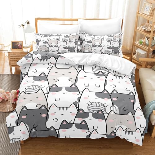 布団カバー シングル 2点セット 市松模様の猫柄 掛けふとんカバー 寝具セット洋式・和式兼用 + 2枚 枕カバー 抗菌 速乾タイプ き幼児の子供大人のための 枕カバー 布団 カバー 掛けカバー 掛けふとんカバー (A9,150*210cm)
