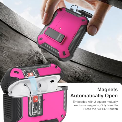 Image of for AirPods Pro 3 Case with Magnetic Lock and Phone Stand, Compatible with Magsafe Charging,with Carabiner&Cleaner kit for Apple iPod Pro 3rd Generation Cover(2025) Men Women (Rose Red)