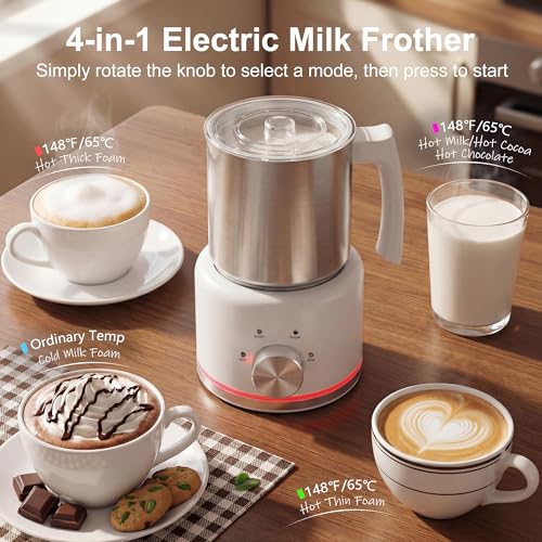 Image of Milk Frother, 16.9 OZ Milk Frother and Steamer, 4 in 1 Electric Milk Frother Dishwasher Safe Durable Silent Frother for Coffee Hot and Cold Foam Maker (White Stainless)