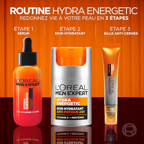 L'Oréal Men Expert - Roll-On Anti-Cernes & Anti-Poches pour Homme - Hydrate & illumine - Concentré en Vitamine C & Caféine - Usage Quotidien - Hydra Energetic - 10 ml