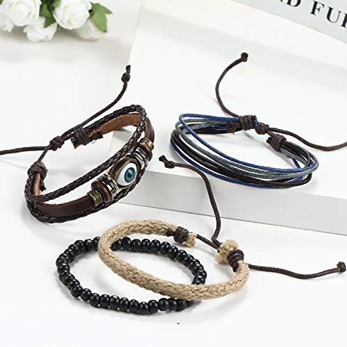 Image of Young & Forever Multi-Layer Leather Bracelet for Men | Adjustable Handmade Wrap Bracelet with Beads, Anchor, Evil Eye, Feather & Boho Charms | Vintage Punk Casual Wristband Gift for Men & Boys