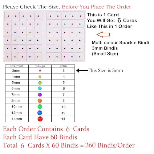 Image of VAMA Fashions 3mm Sticker Small Round Self-Adhesive Bindis Set for Women Girls Reusable Skin-Friendly Non-Toxic Forehead Dots Bindis for Daily & Festive - 6 Cards (3MM Glitter Multicolour Bindi)