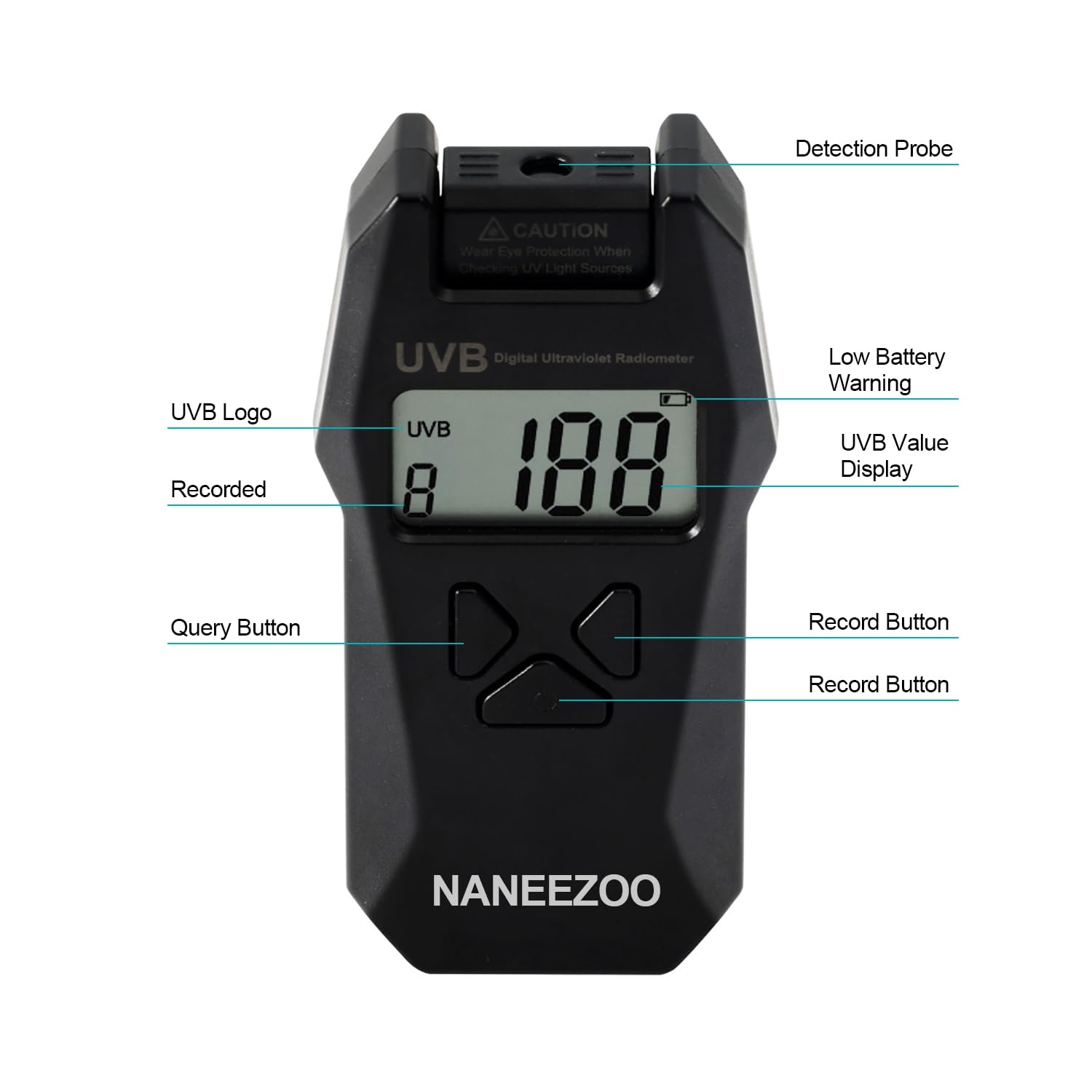 NANEEZOO Medidor de índice UVB para reptiles, radiómetro digital de mano para medir la luz UVB de reptiles en el hábitat del terrario