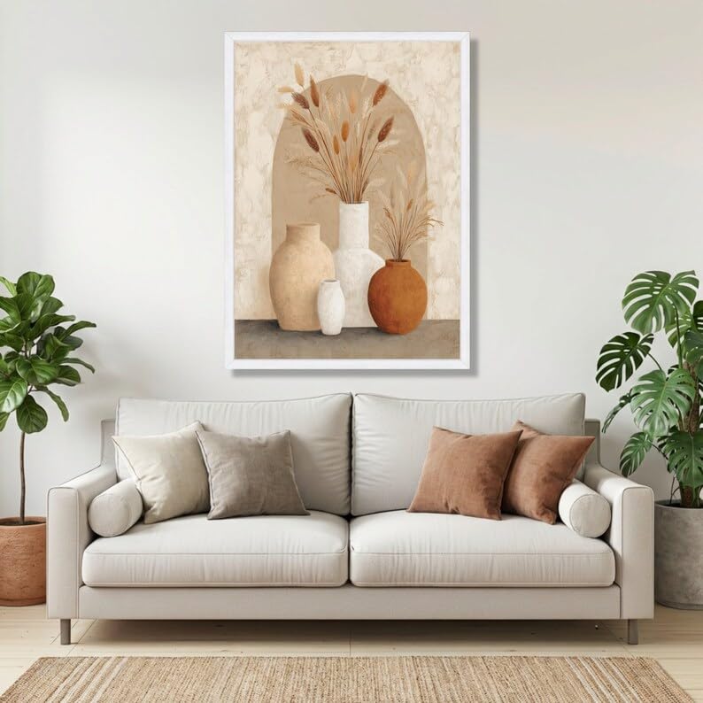 Vases rustiques en tableau sur toile pour réchauffer un mur blanc vide