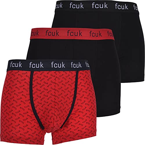 French Connection 3-Pack FCUK Logo Print Men's Underwear Boxer Trunks, Red/Black Large