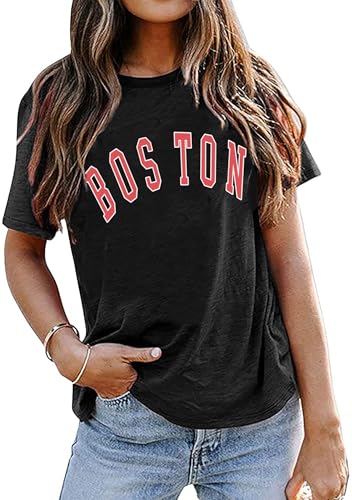 Avanova Women's Boston Letter Print Crew Neck T-Shirt Short Sleeve Casual Tee Top Black C Small
