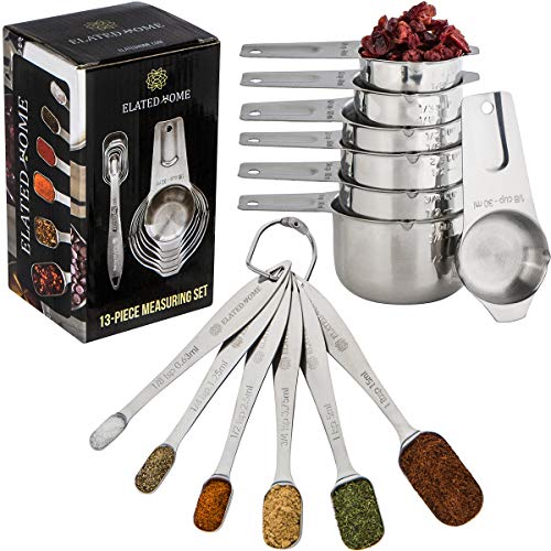 Stainless Steel Measuring Cups and Spoons Set - Sturdy and Sleek -Bake Like a Professional- Complete 13-Piece Set