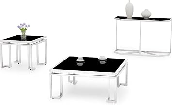 Zuri Furniture Modern Plaza Console Table - Black Opaque Glass with Brushed Stainless Steel Base
