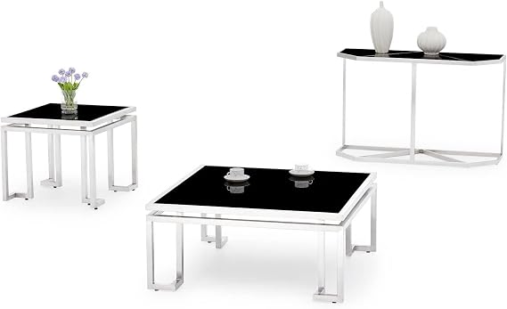 Zuri Furniture Modern Plaza Console Table - Black Opaque Glass with Brushed Stainless Steel Base