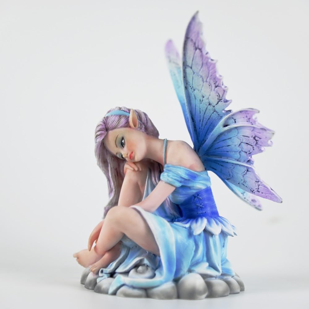 Fantasy Cloud Base Fairy Figurine, 6.1 Inch Blue-Purple Gradient Elf Statue, Hand-Painted Resin Decor with Gradient Wings & Hair for Living Room, Bedroom, Fairy Garden