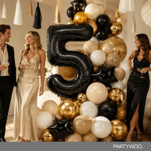 Image of PartyWoo Black Number 5 Balloon 40 Inch 25pcs Black Foil Star White Gold