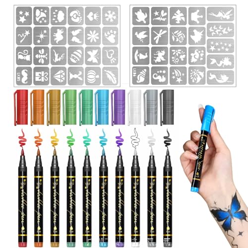HABNI 10 Piezas Rotuladores Tatuajes Niños, Tatuajes Purpurina con 2 Tatuajes Plantillas, Kit Tatuajes Niña, Tatuajes Temporales Niños para Fiesta Halloween Cumpleaños