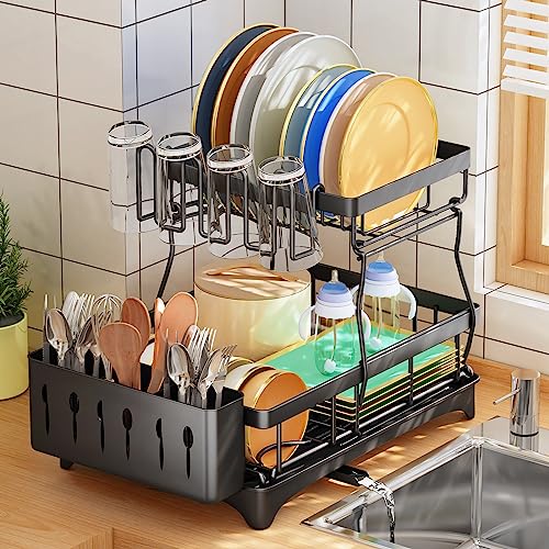 Dish Drying Rack - 2 Tier Dish Rack And Drainboard For Apartment Kitchen Counter, Large Capacity Dish Drainer Organizer Kitchen Rack With Utensil Holder And Cup Rack, Black Dish Drying Rack #TOP3