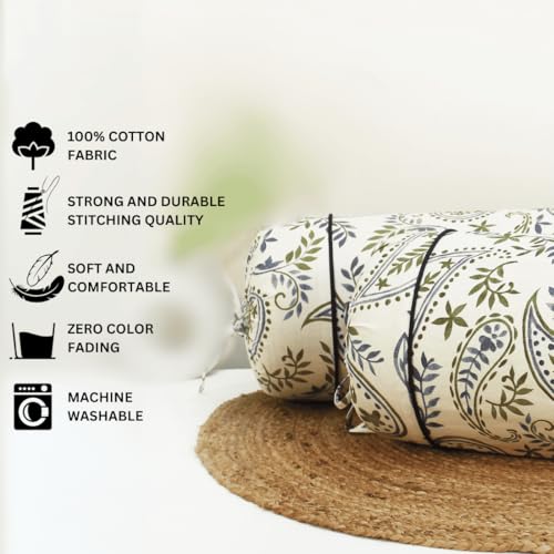 Image of AURAVE Cotton Printed Paisley Bolster Cover with Drawstring Closure, Set of 2, Soft Breathable Durable Machine Washable for Sofa Bed & Home Decor, 15 inchx30 inch, Blue | Cover Only