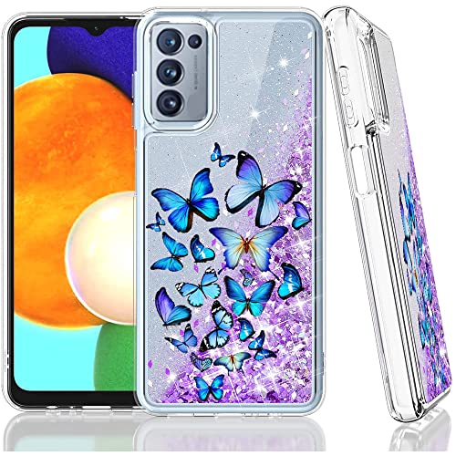 QC-EMART pour Oppo Reno 6 5G Coque Glitter Liquide Paillette Flottant Sables Silicone TPU Bumper Filles Femmes Étui Antichoc Brillante Housse, Papillon Bleu Cover