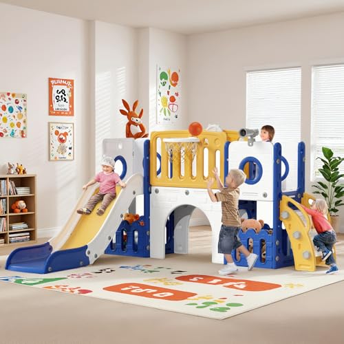 MAMIZO 9 in 1 Kinderrutsche, Kinder Rutsche mit Klettergerüst, Indoor & Outdoor Rutsche mit Basketballkorb und Teleskop, Tunnel, Stauraum, Gartenrutsche,Kinder Spielplatz, mit 2PCS Moduls, Gelb Blau