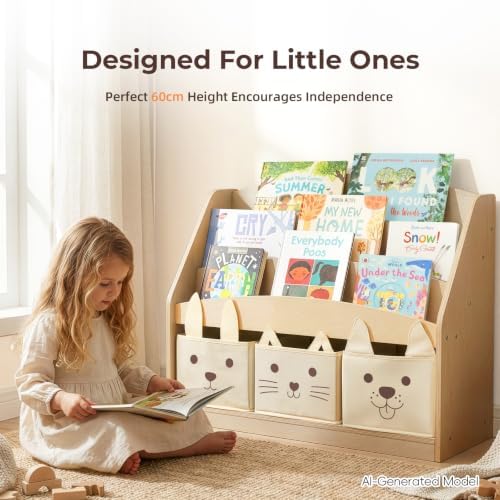 OOOK 3-Tier Kids Bookshelf with 3 Removable Fabric Storage Bins, Front Facing Toddler Montessori Bookshelf, Wooden Bookcase for Kidsroom, Classroom, Playroom, Nursery - 5