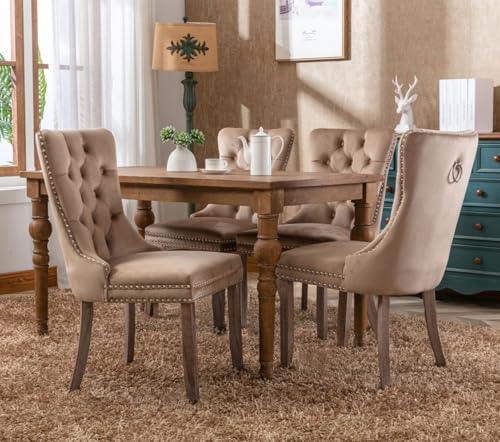 HomeTouch Luxury Velvet Kitchen Dining Chairs Set of 4 Upholstered Knocker Wing Back Accent Chairs with Oak Wood Legs for Dining Room, Hand Made (4, Coffee Brown)