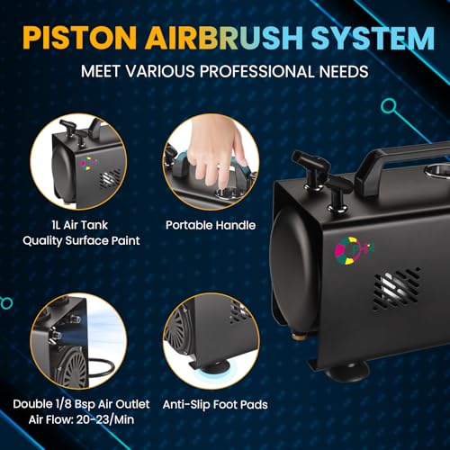 OPHIR Air Brush Kit with Air Compressor, 1/6 HP Airbrush Kit, Double Outlet Airbrush Compressor with 1L Air Tank, 2x Airbrush, 12 Colors Airbrush Paint, 5x Cleaning Brushes, 20x Measuring Cup - Image 2
