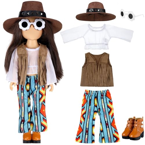 Bencailor 18 Inch Doll Clothes and Accessories Retro Brown Cowgirls Doll Outfits Tassel Set Jacket Trousers Hats High Boots for 18 Inch Doll Girls