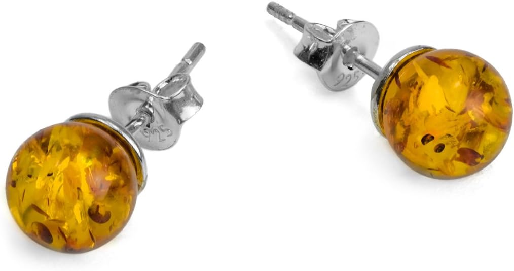 Honey Amber and Sterling Silver Small Stud Ball Earrings, 8mm