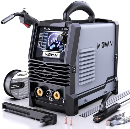 140A MIG Welder, MIGVAN 110V Flux Core MIG/Stick/Lift TIG 3 in 1 Welding Machine with Large LED Digital Display, IGBT Inverter Portable Gasless Welder with Welding Gun and Flux Core Wire