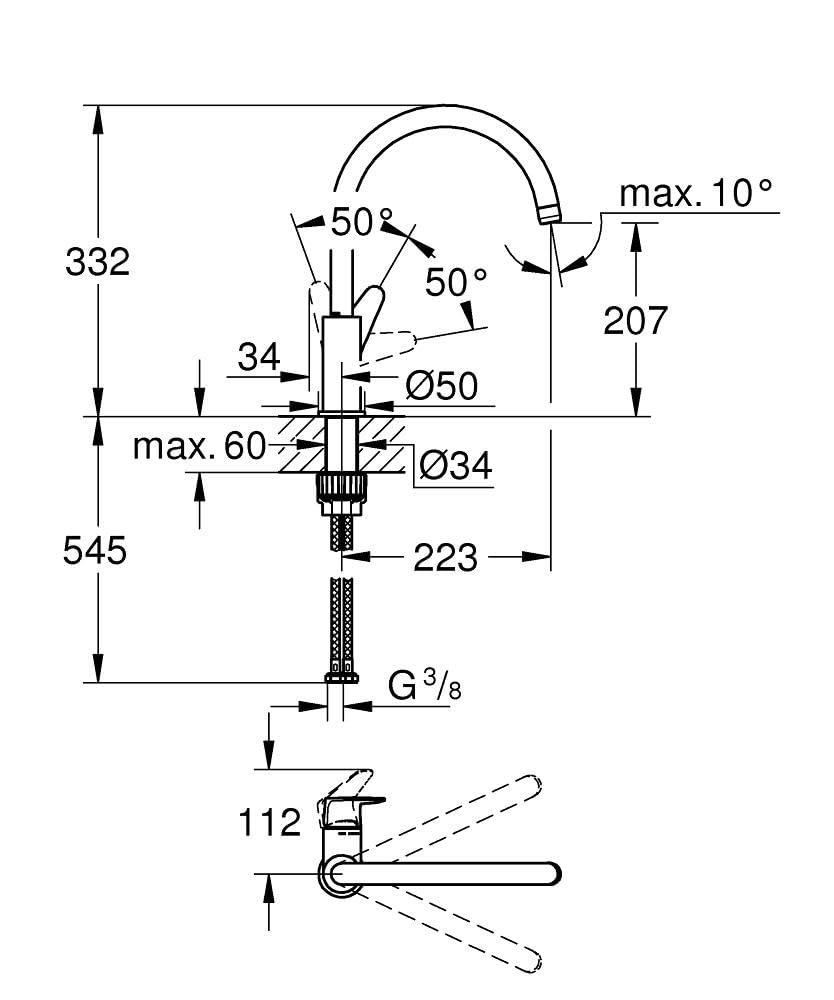 GROHE StartCurve, Küchenarmatur (Wasserhahn für die Küche, 360° Schwenkbereich, wassersparend dank variabler Mengenbegrenzung, werkzeugfreie Spülbecken-Montage), chrom, 31554001