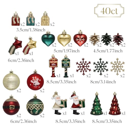 Valery Madelyn Weihnachtskugeln Set, 40pcs Christbaumkugeln Kunststoff Weihnachtskugel Rot Grün Weihnachtsdeko mit Geschenkpaket Aufhänger… – Ansicht 5