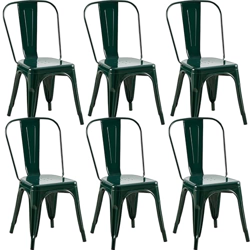Image of Metal Dining Chairs with Backrest, Stackable, Dark Green, 6 Pack | Easy Assembly, Non-Slip Feet, 330 lb Capacity, Kitchen, Restaurant, Cafe, Pub, Covered Patio
