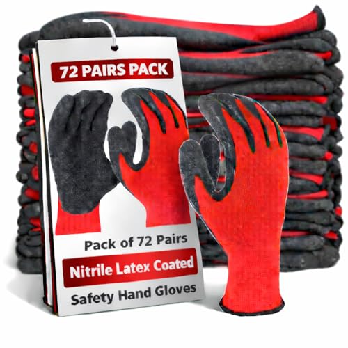 Image of Safety Gloves - Nylon Nitrile Coated Industrial & Home Cut Resistant Hand Gloves. (Black Red (Latex Coated), Pack of 72 Pairs)