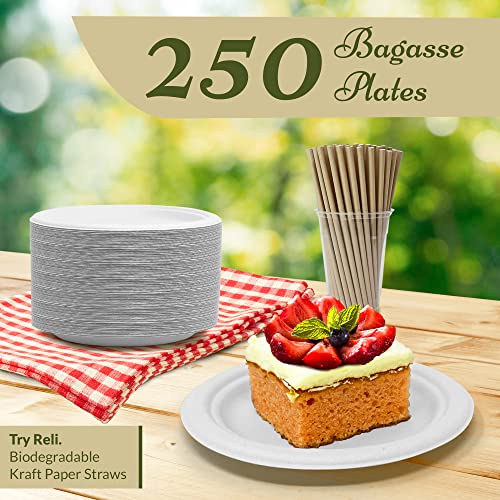 Image of Reli. Compostable Paper Plates 7 inch (250 Pack Bulk) | White Disposable Plates | Heavy Duty Paper Eco Friendly | Made of Sugarcane Fibers /Bagasse - Biodegradable /Compostable | Small