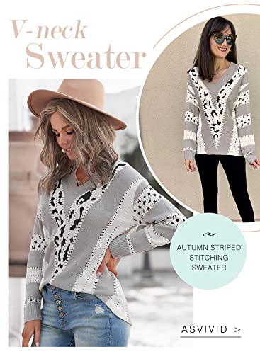 Asvivid Leopard Deep V Neck Striped Pullover Sweaters For Women Casual Loose Cozy Winter Warm Ladies Knit Sweater Grey Jumper Tops S #TOP4