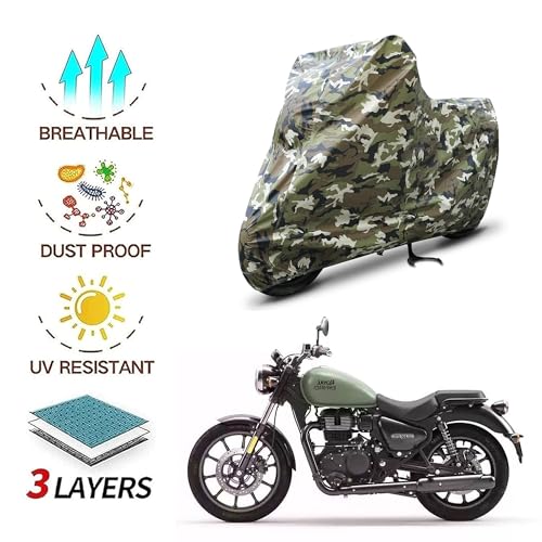 Image of Sulfar 100% Waterproof Universal Bike Cover UV Protection & Dustproof Bike Body Cover for Royal Enfield Bullet Bike (Jungle White)