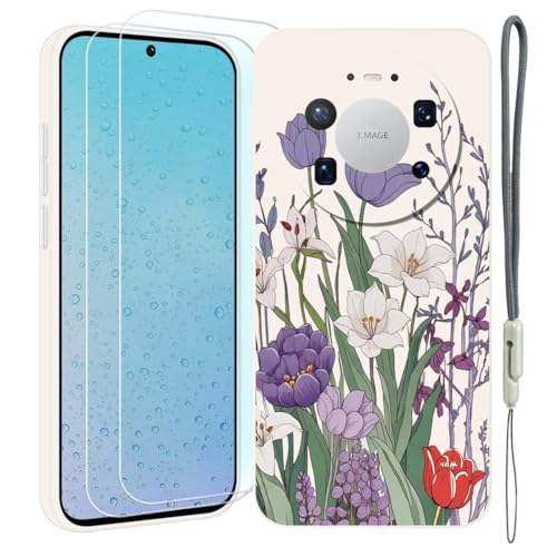 YonderYM Case Compatible with Huawei Mate 80 PRO MAX Case,[2 Pack Screen Protectors] with Cute Flowers Pattern, Liquid Silicone Ultra Slim Shockproof Phone Case