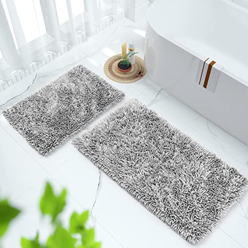 Yimobra Bathroom Rugs Sets 2 Piece, Luxury Shaggy Extra Thick Bathroom Rugs, Plush Non-Slip Mats For Bath Room Floor, Machine Wash, Ultra Absorbent, 31.5 X 19.8 + 24 X 17 Inches, Light Grey #TOP6