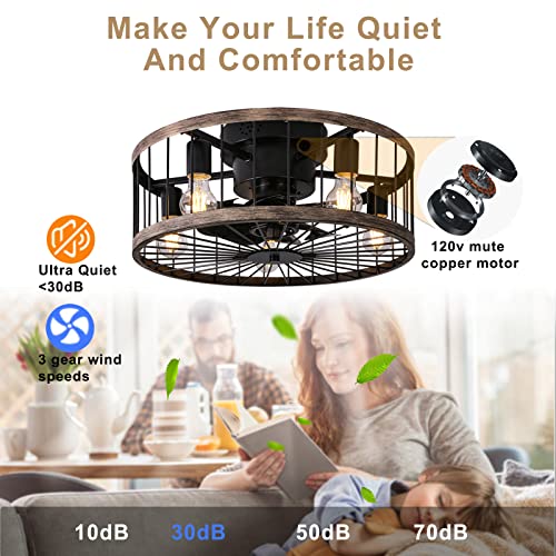 Ohniyou Caged Ceiling Fan With Light, 20 Inch Low Profile Farmhouse Ceiling Fan With Remote Control, Flush Mount Bladeless Enclosed Rustic Wood Color Edge Ceiling Fans For Living Room Kitchen Bedroom #TOP4