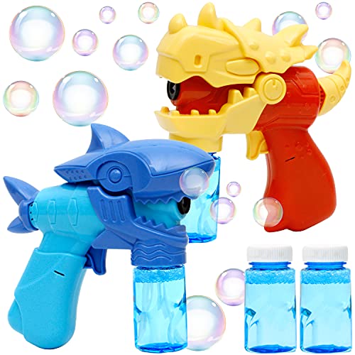 JOYIN 2 Dinosaur Bubble Guns with 2 Bottles Bubble Refill Solution for Toddlers, Summer Toy, Outdoors and Indoors Activity, Birthday Gift, Party Favors