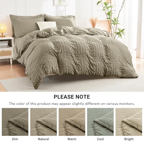 Image of HYMOKEGE Linen King Size Comforter Set Seersucker 7 Pieces, All Season Luxury Bed in a Bag for Bedroom, Bedding Set with Comforter, Sheets, Pillowcases & Shams