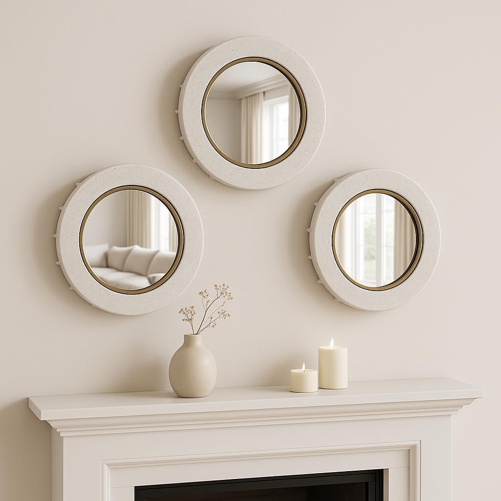 Round Wall Mirrors Modern Design Resin Glass Wood Casual Home Decor for Living Room Bedroom Office Use, Set of 3-18", 15", 12" White