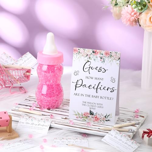 Image of Roowest 512 Pcs Baby Shower Games Guess How Many Pacifiers Sign 100 Small Guessing Games 10 HB Pencils 750ml Milk Bottle 400 Acrylic Pacifiers Decoration for Guest Gender Reveal(Pink,Flower)