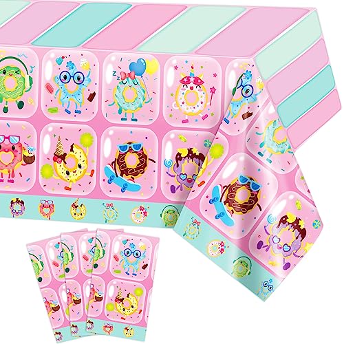 PHOGARY 3-Pack Donut Table Cloths, Disposable Rectangular 51" x 86" Pink Plastic Tablecloths for Kids' Birthday Parties, Baby Showers, Picnics & Donut-Themed Events