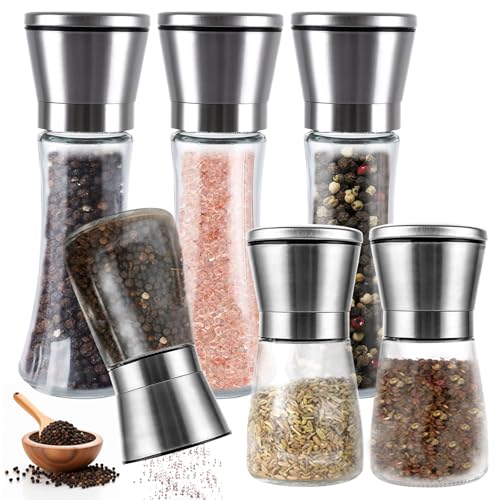 FWEEK Set de 6 salieres et poivrieres, Set de moulin a poivre avec mécanisme de broyage en céramique réglable manuellement, Moulin a sel et poivrier transparent pour différentes épices de sel et poivr