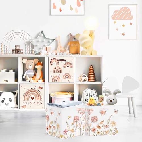 Clastyle 3 pcs Flower Women Cube Storage Unit Boxes Foldable Storage Baskets for Shelves Ladies Girls Nursery Hamper Basket Book Clothes Toy Box Organizer,Pink Wildflower - Image 3