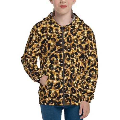 Gold Glitter Leopard Kid Hoodies Boys Zip Up Sweatshirts Girls Pullover with Pocket3