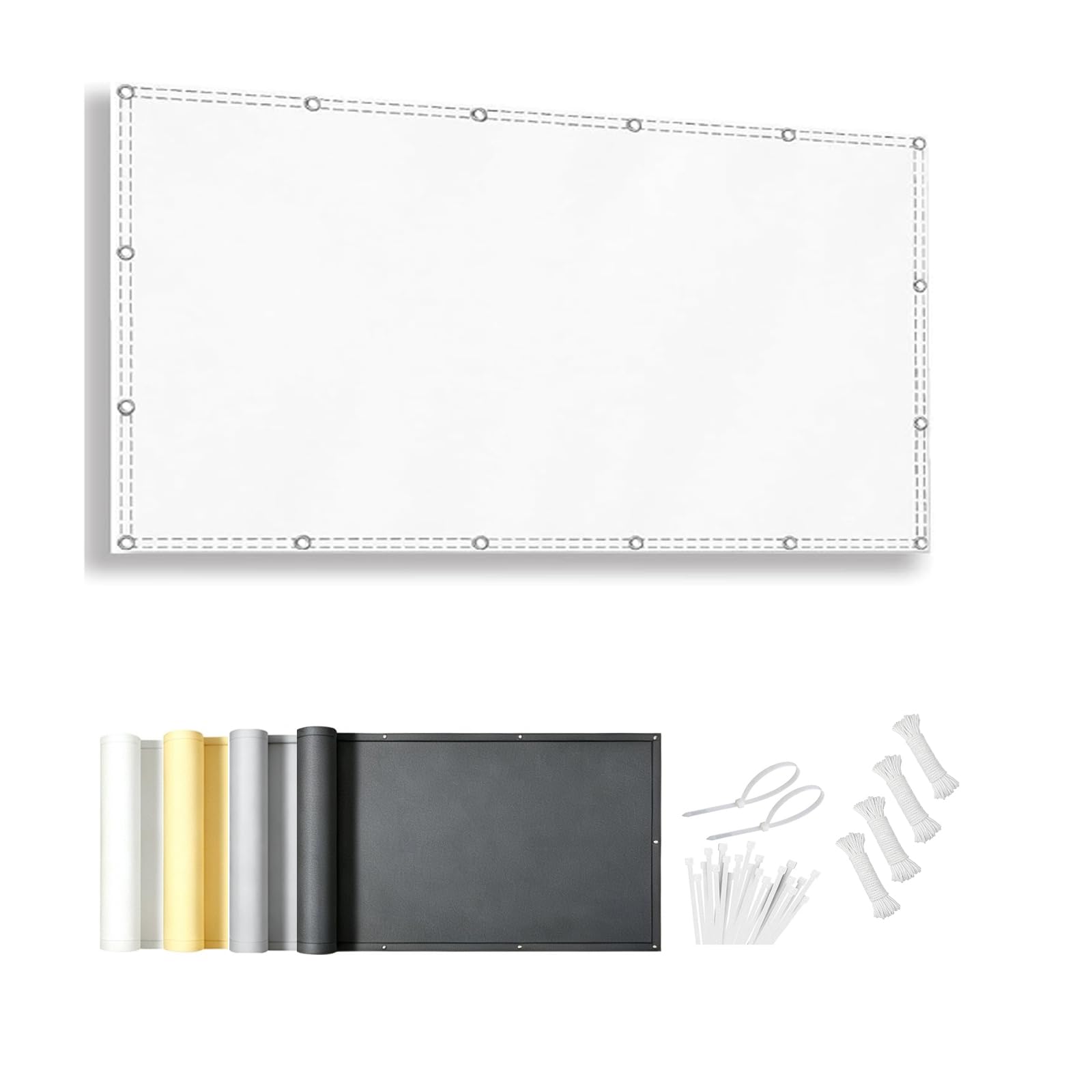 Weiß Balkon Sichtschutz 140x600cm Balkonbespannung Blickdicht, Sichtschutz Garten mit Ösen, PES Uv-Schutz Windschutz Balkonverkleidung für Balkongeländer Terasse Schwimmbad
